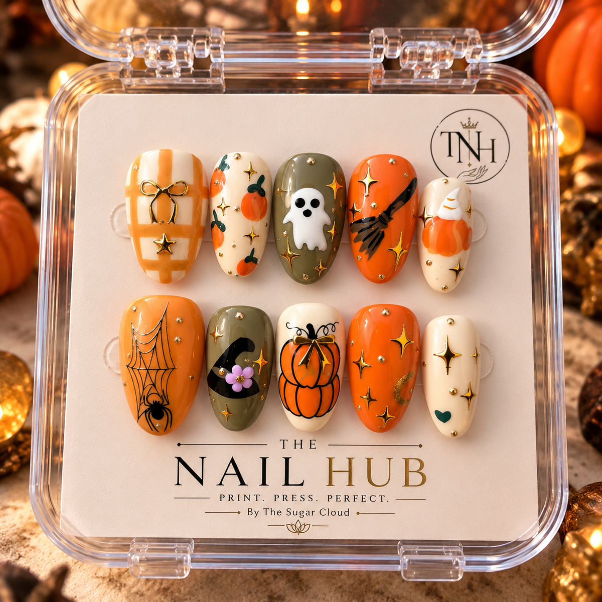 🎃 PUMPKIN CHARM – Burnt orange, olive green, creamy nude and golden accents.