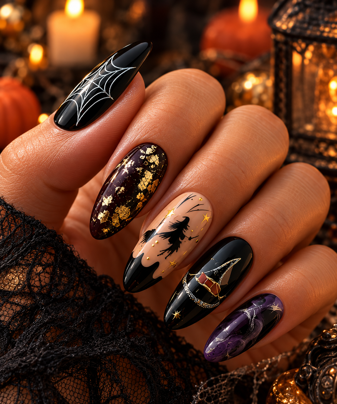 🌙 WITCHING HOUR – Midnight black, smoky purple, nude and metallic gold.