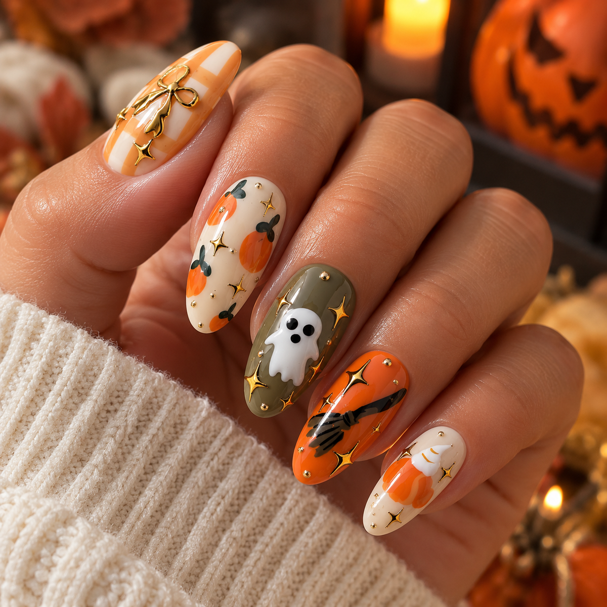 🎃 PUMPKIN CHARM – Burnt orange, olive green, creamy nude and golden accents.