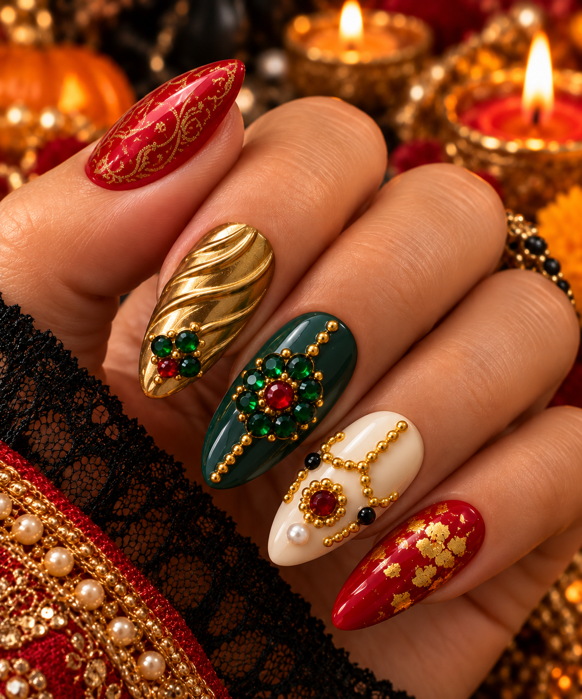 Regal Heritage – Luxury Diwali Press-On Nails with 3D Gold Embellishments, Emerald Crystals & Ruby Accents