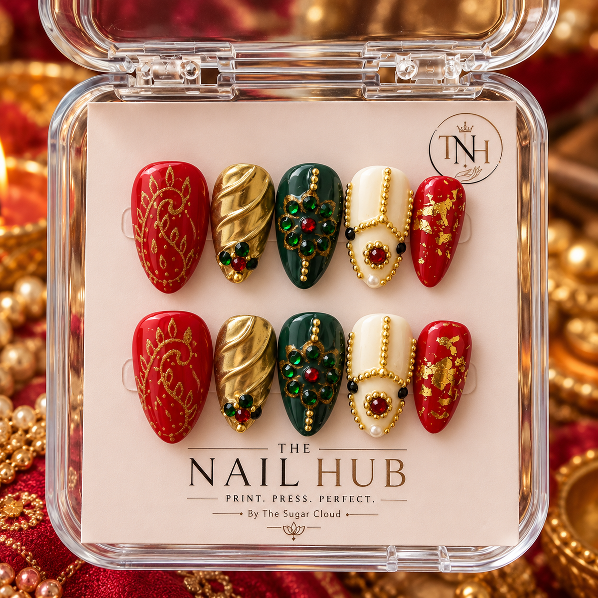 Regal Heritage – Luxury Diwali Press-On Nails with 3D Gold Embellishments, Emerald Crystals & Ruby Accents