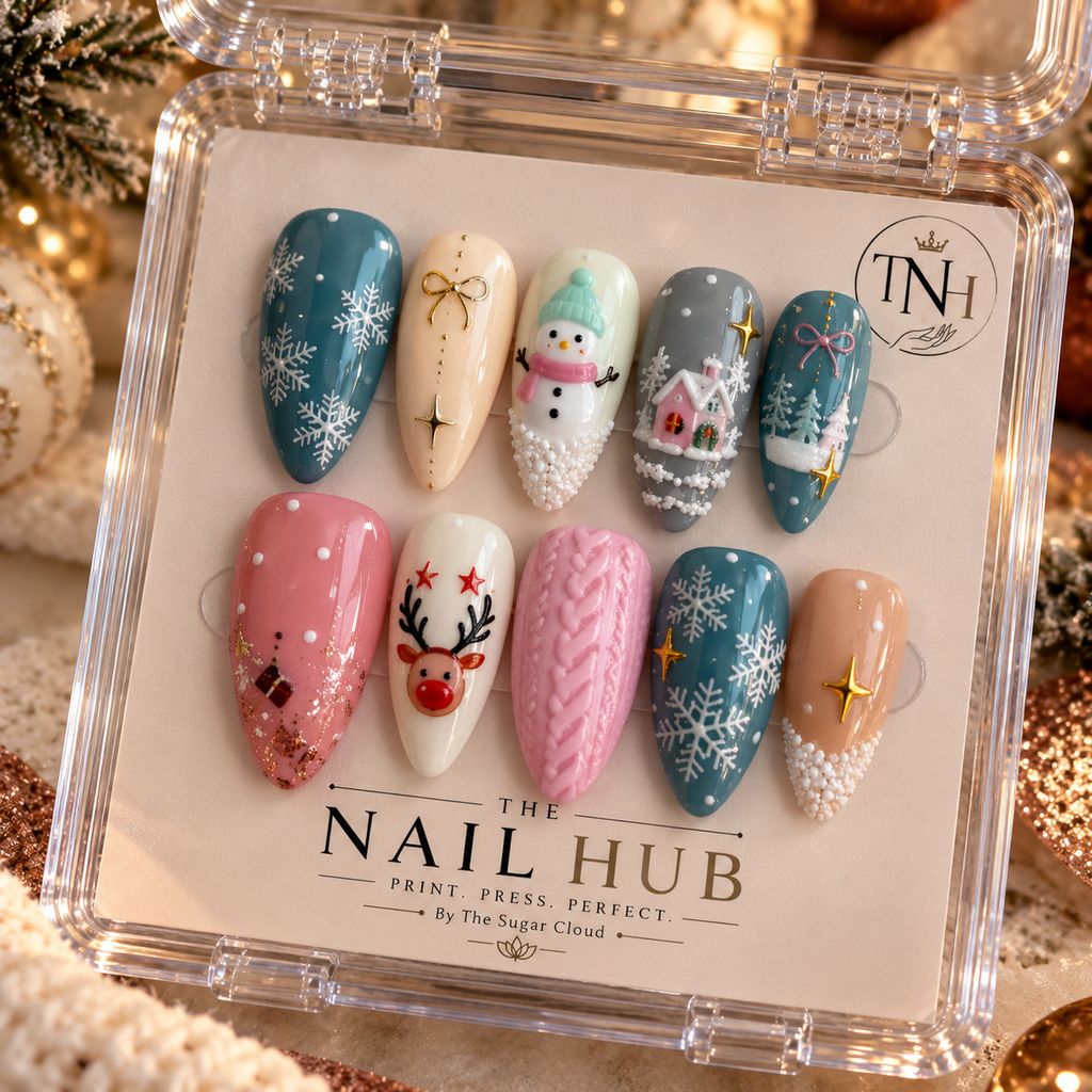 Snowfall Whimsy – Luxury Christmas Press-On Nails with 3D Snowman, Snowflakes & Festive Gold Accents