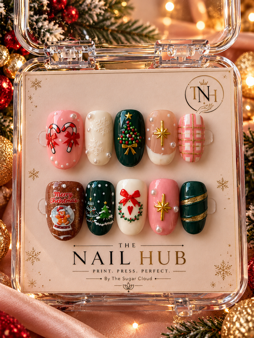 Festive Cheer – Luxury Christmas Press-On Nails with Candy Canes, Snowflakes, Pearls & 3D Festive Accents