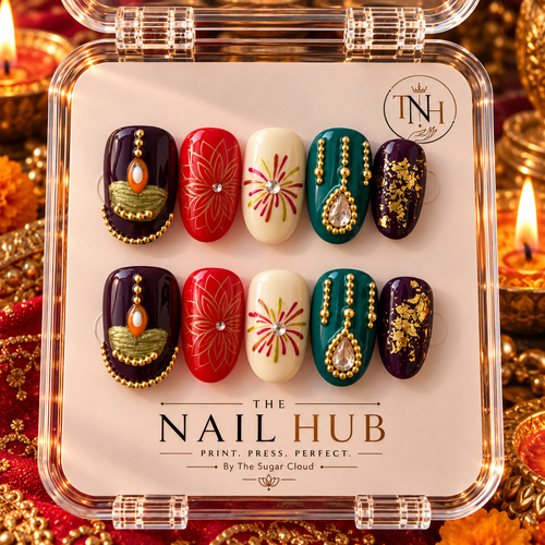 Diwali Radiance – Luxury Festive Press-On Nails with Gold Embellishments, Crystal Accents & Traditional Indian-Inspired Designs