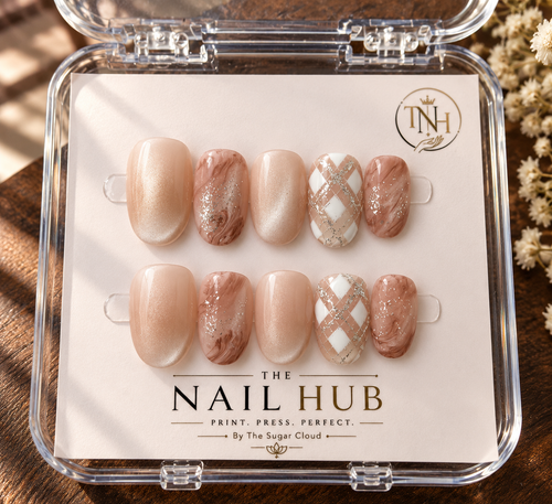 Blush Marble – Luxury Nude Pink Marble Press-On Nails with Champagne Shimmer & Silver Accents