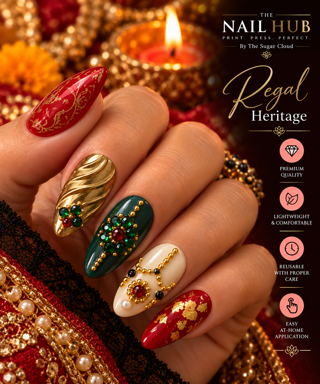 Regal Heritage – Luxury Diwali Press-On Nails with 3D Gold Embellishments, Emerald Crystals & Ruby Accents