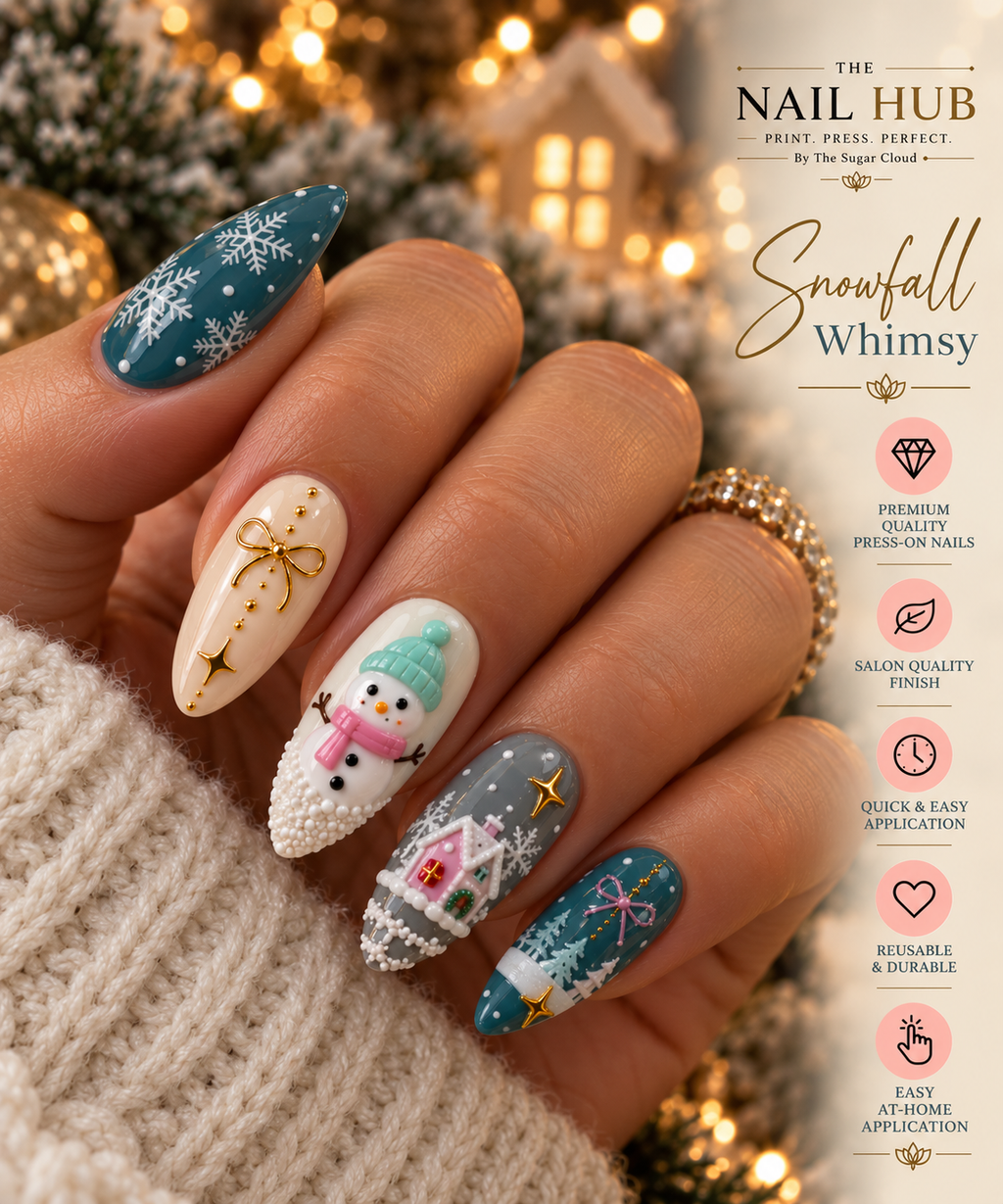 Snowfall Whimsy – Luxury Christmas Press-On Nails with 3D Snowman, Snowflakes & Festive Gold Accents