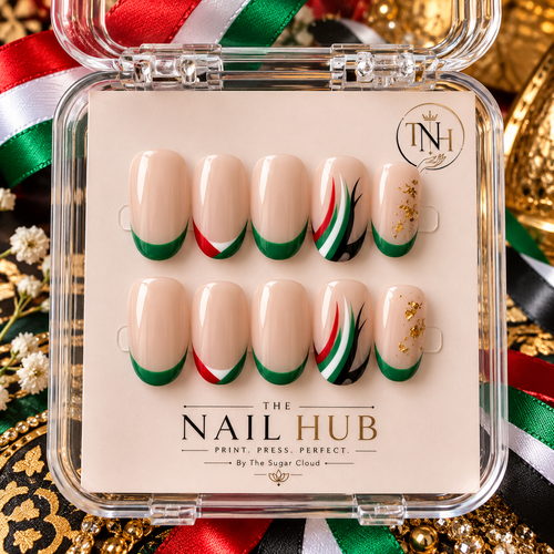 Emirati Pride – Luxury UAE Flag-Inspired Press-On Nails with Emerald Green French Tips & Gold Accents