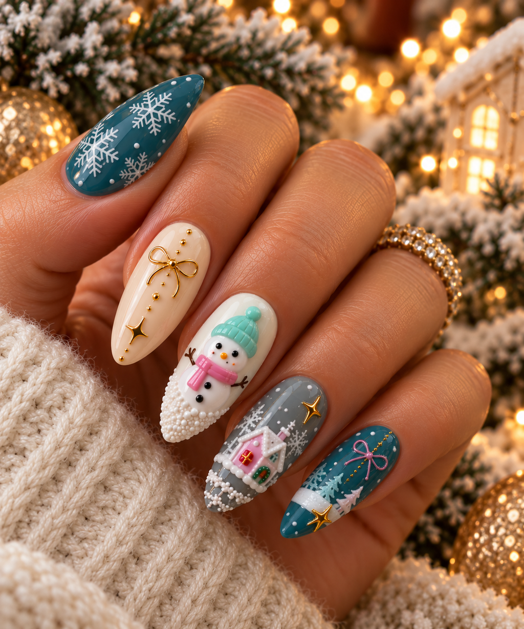 Snowfall Whimsy – Luxury Christmas Press-On Nails with 3D Snowman, Snowflakes & Festive Gold Accents