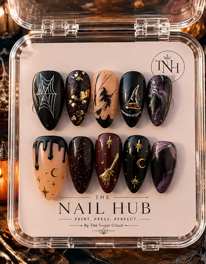 🌙 WITCHING HOUR – Midnight black, smoky purple, nude and metallic gold.